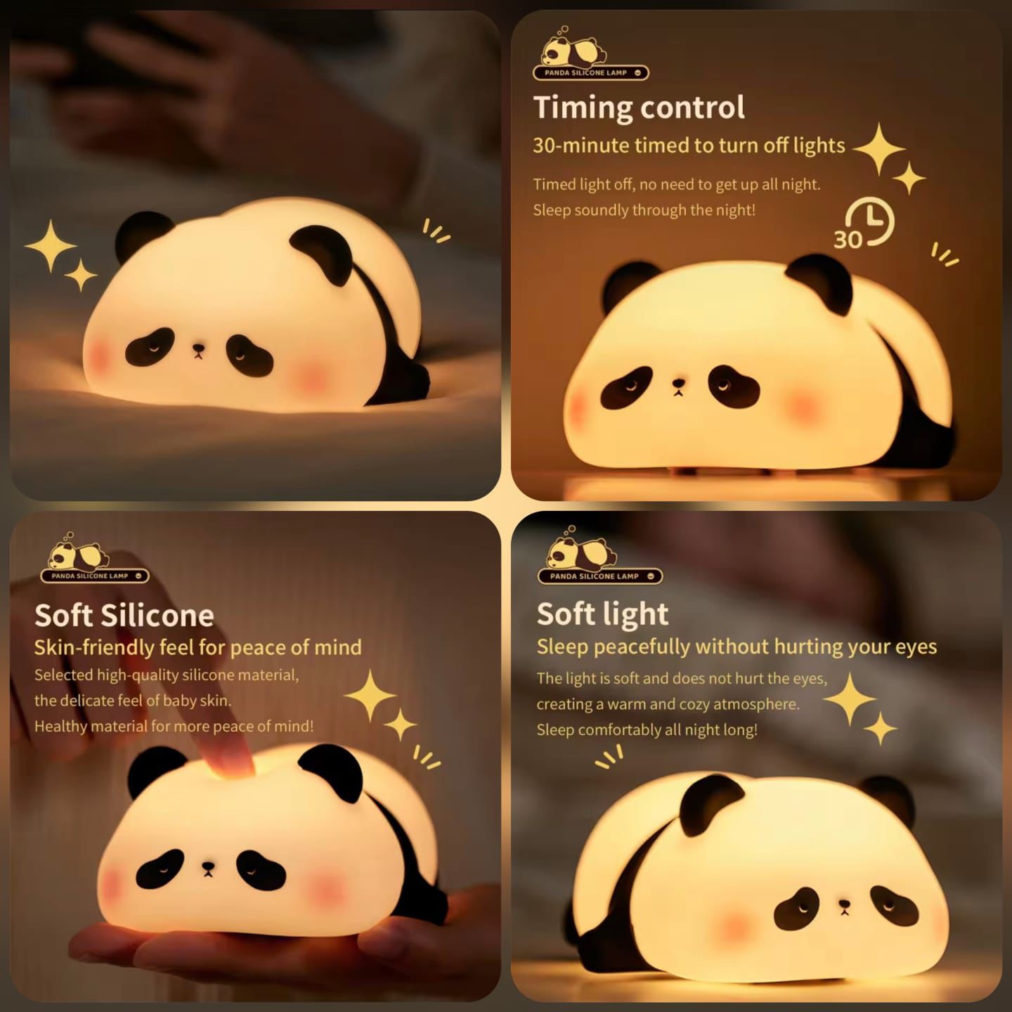 Cute Panda LED Night Light Rechargeable Soft Silicone Bedside Lamp